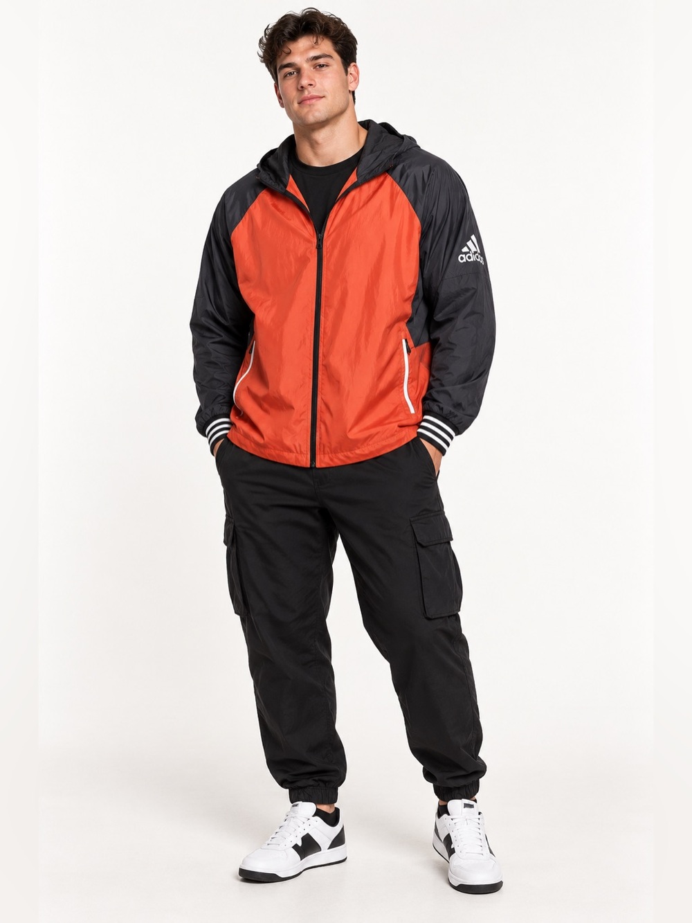 Adidas Men’s 2XL Orange Black Colorblock Hooded Windbreaker Jacket Full Zip